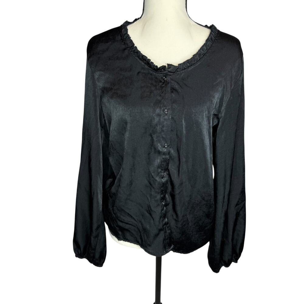 Blue Rain Black Sheer Blouse Size M Ruffle Neck Button Front